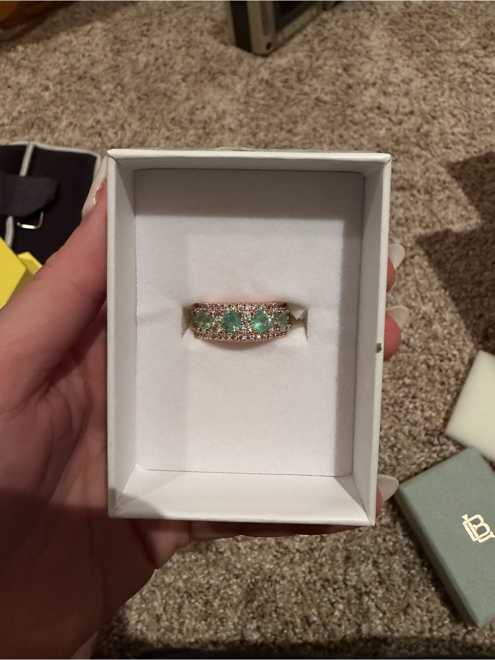 Rose Gold Emerald Three-Stone Ring with Pavé Accents